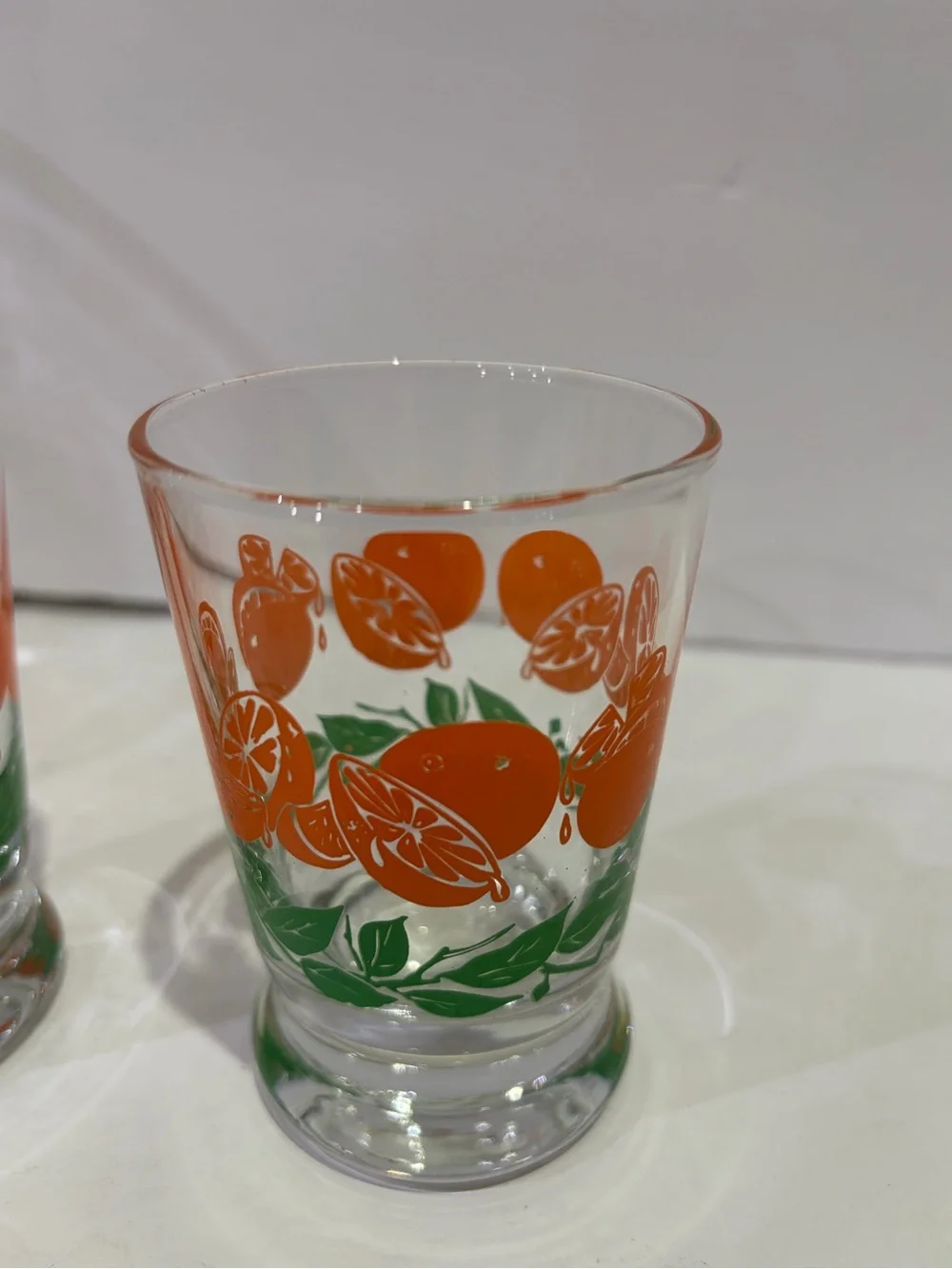 Vintage Libbey Glass Carafe and Tumbler Set Orange and Green Leaf Motif